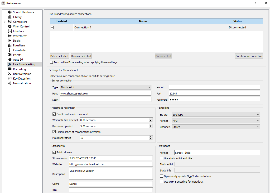 configure mixxx live broadcating