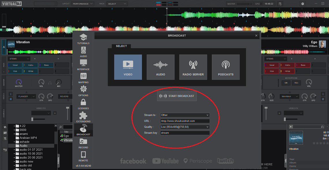 configure virtualdj live broadcating