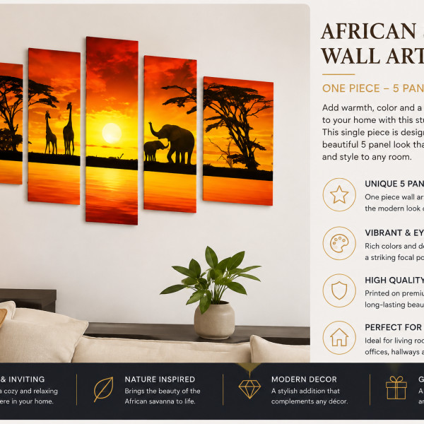 African Sunset Wall Art – Modern 5-Panel Look