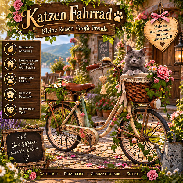 Vintagefahrrad mit Katze und Blumen-Versandpaket V1