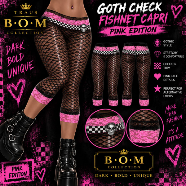 BOM Goth Check Fishnet Capri – Pink Edition – Damen Netz-Leggings