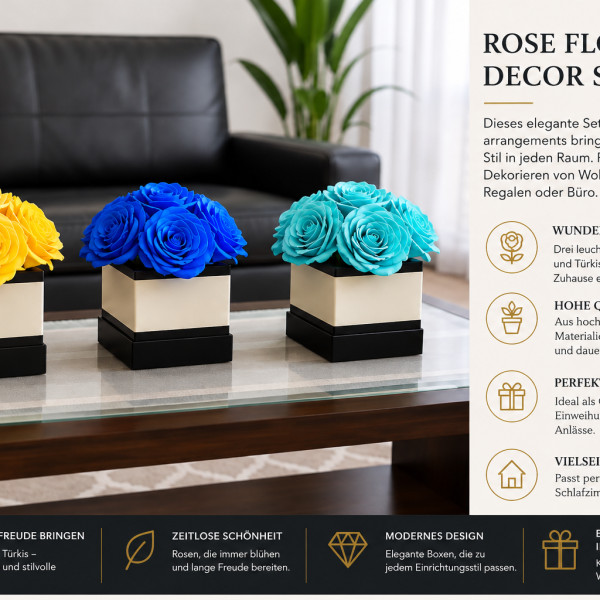 Rose Flower Decor Set – Product Description Gelb ,Blau,Türkis