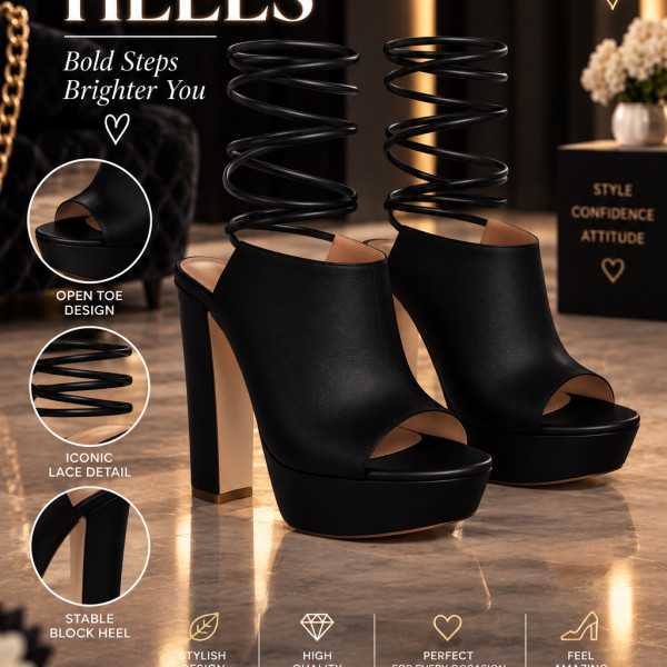 Black Lace-Up Platform Heels – Product Description