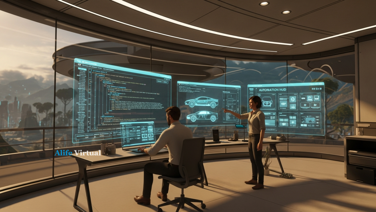Adult creators coding advanced LSL scripting examples for vehicles, automation HUDs inside futuristic Alife Virtual lab - Alife Virtual