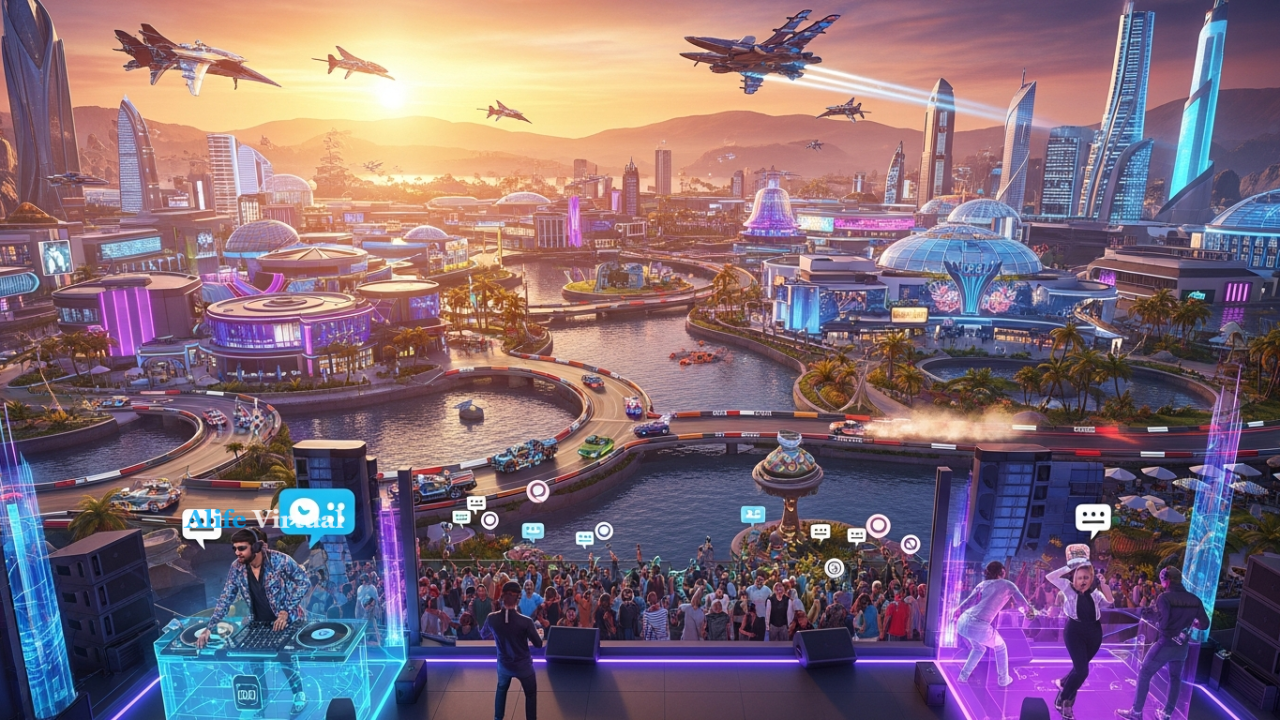 Massive persistent virtual festival with thousands of venues connected, live DJ on stage, singer performing, friends chatting via voice and text bubbles, players racing cars and motorcycles nearby, others flying futuristic planes overhead, neon clubs, casinos, and shops across continuous landscape, 20s-30s adults celebrating under warm sunset - Alife Virtual
