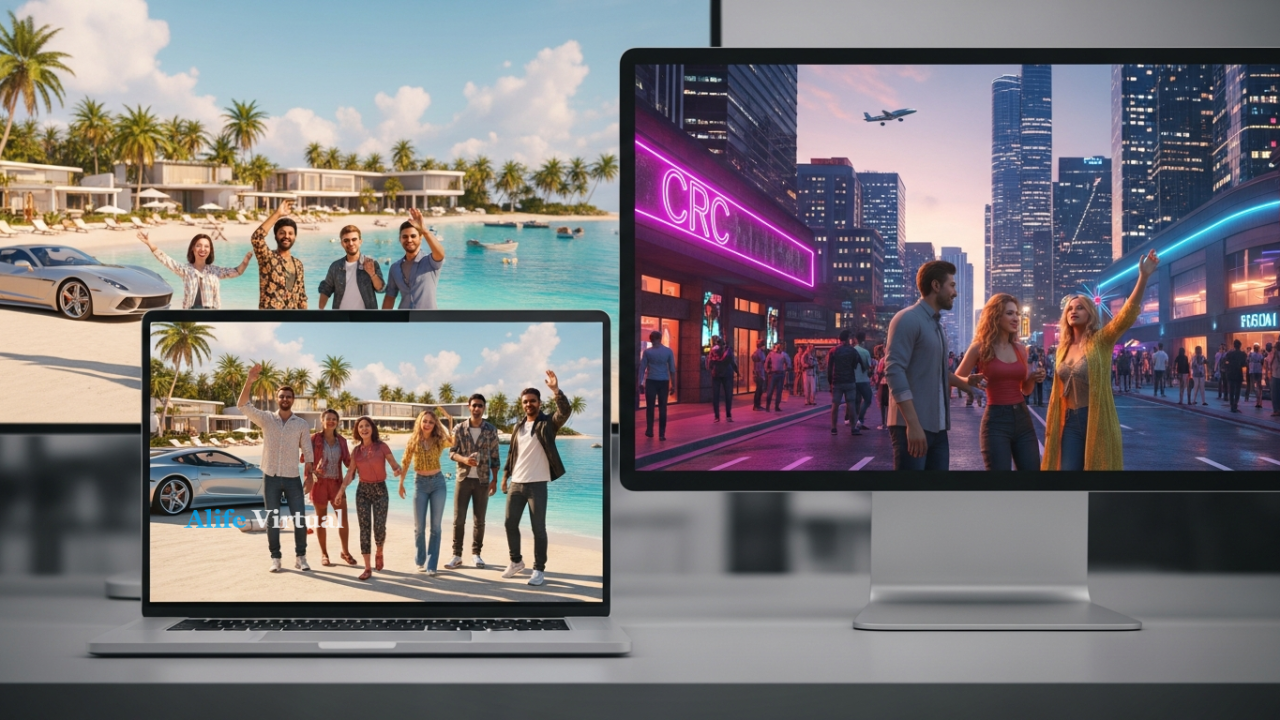 Young adults launching Alife Virtual viewer on regular laptops and desktops, vibrant persistent world visible on screens, no VR hardware needed, friends waving from beaches, clubs, and city streets, cars and planes ready to explore, seamless start-up in seconds, warm colorful lighting, 20s-30s people smiling - Alife Virtual