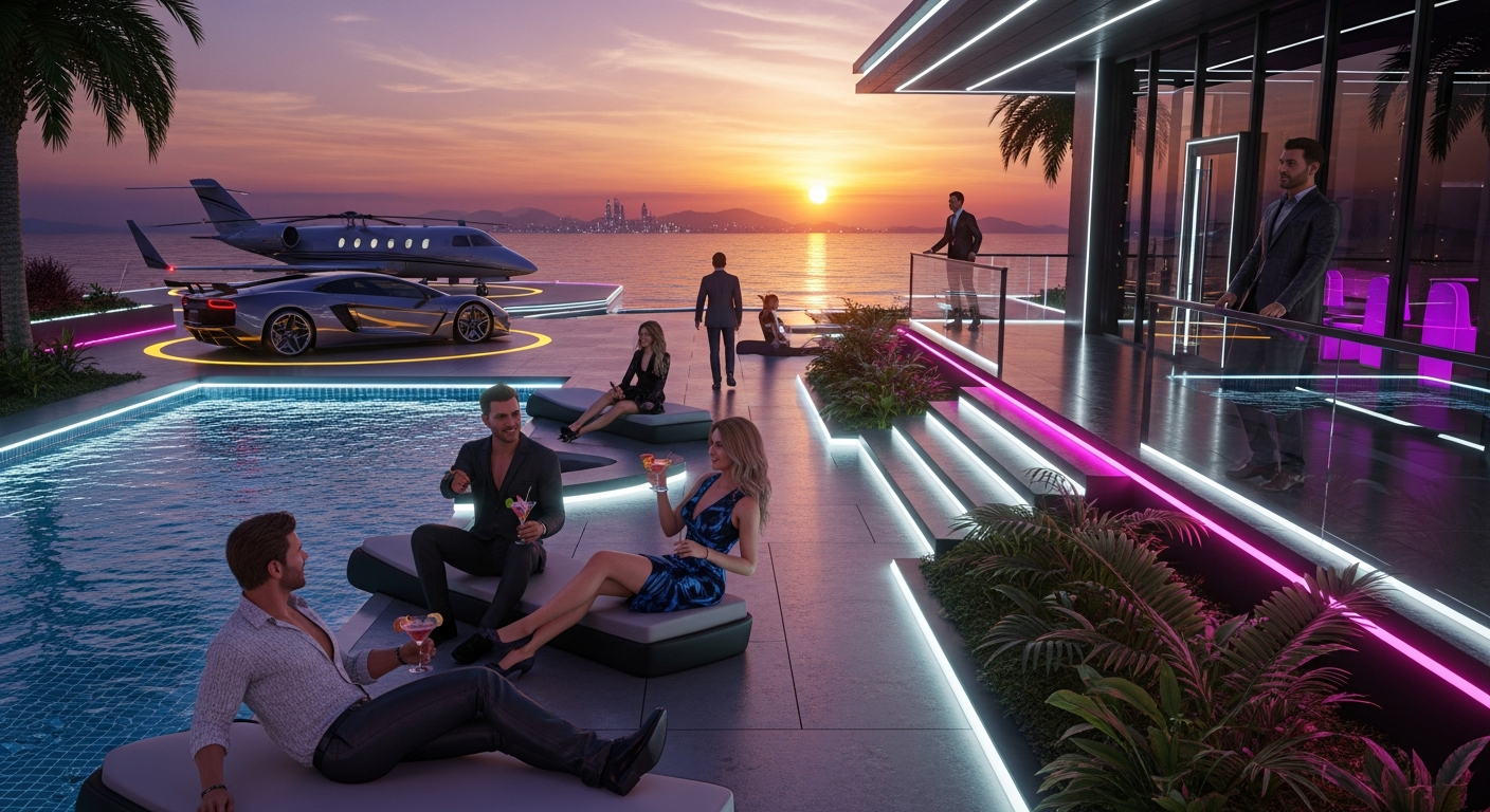 Glamorous adult friends exploring luxurious virtual world with private islands, modern clubs, designer fashion, realistic 3D avatars, driving sports cars and flying planes, vibrant neon lighting, emphasis on real ownership and freedom beyond IMVU credits, 20s-30s people celebrating - Alife Virtual World