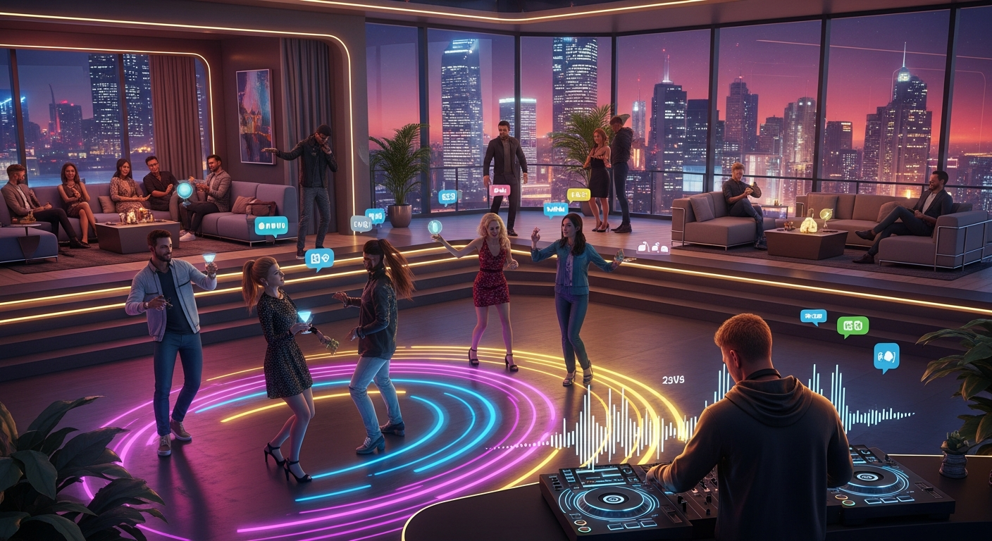 Stylish adults in 20s-30s dancing in futuristic nightclub with live DJ, neon lighting, text chat bubbles and voice icons above avatars, friends hosting private party, others relaxing in VIP lounge, highlighting freedom to meet anytime, persistent world, vehicles parked outside, warm energetic vibes - Alife Virtual World