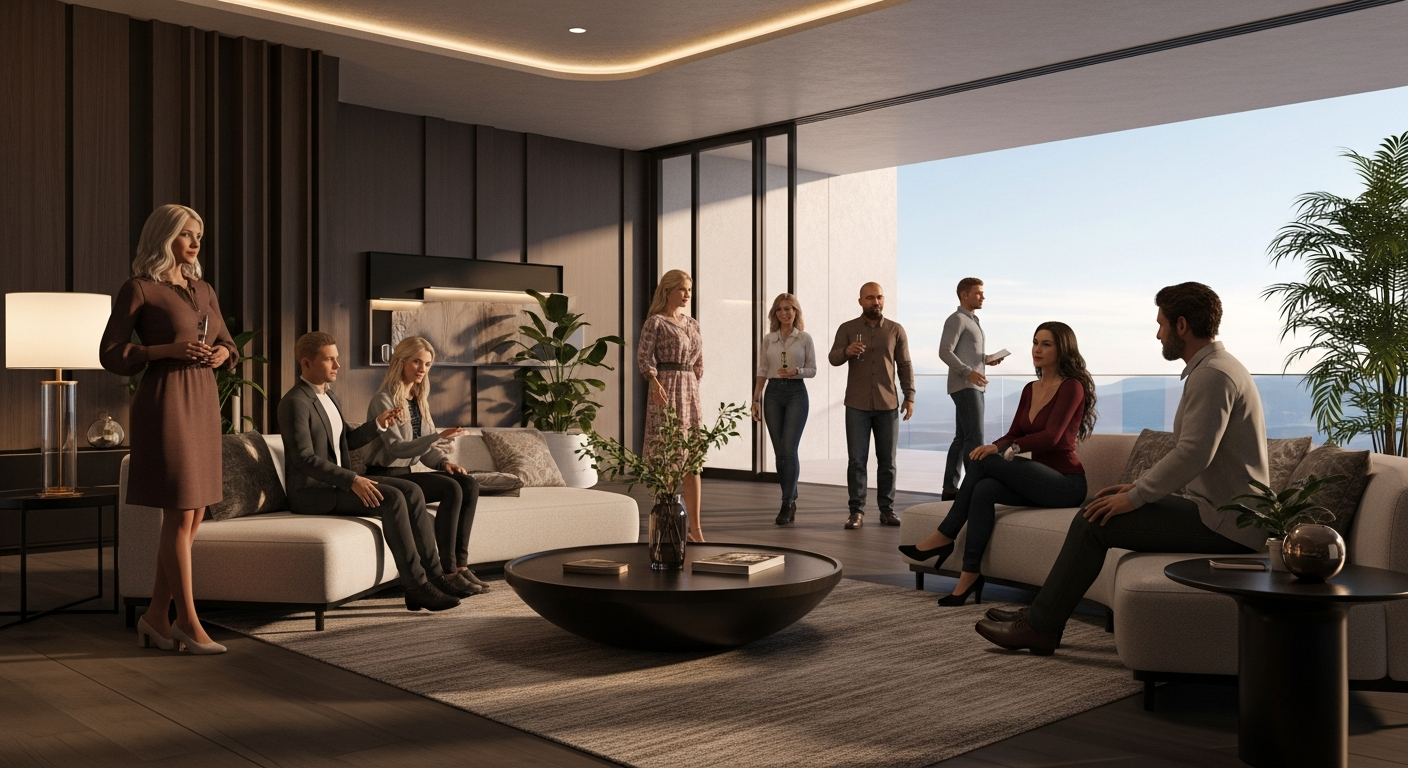 Adults using the IMVU mobile alternative via Alife Virtual on tablets, phones, and laptops with synchronized persistent world in background - Alife Virtual World