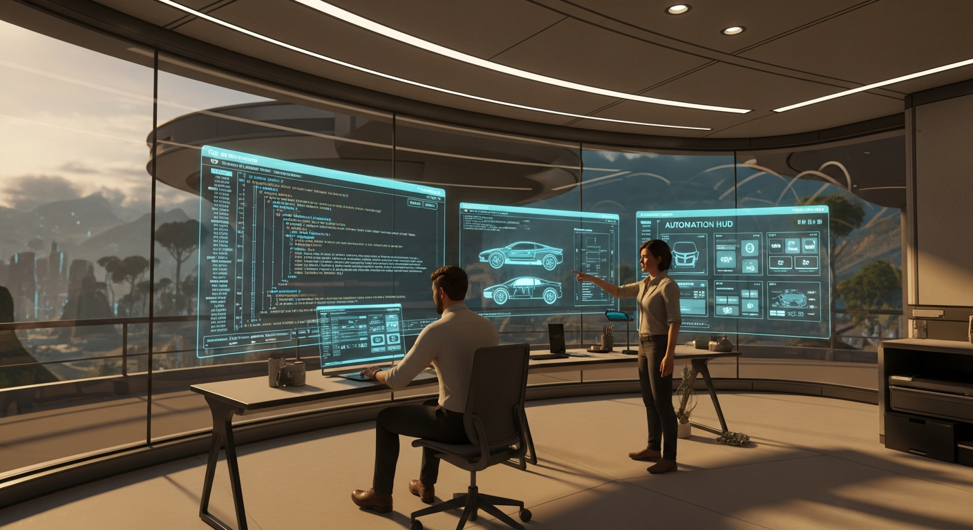 Adult creators coding advanced LSL scripting examples for vehicles, automation HUDs inside futuristic OpenSim lab - Alife Virtual