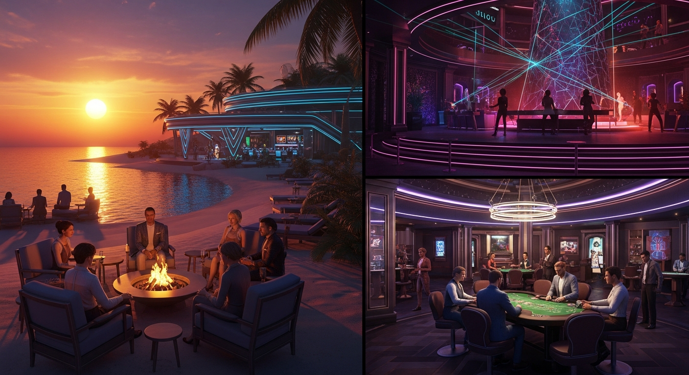 Vibrant colorful virtual world with young adults playing casino games, dancing at nightclub, socializing at beach party, warm tropical sunset lighting, neon club lights, fun energetic atmosphere, stylish people in 20s-30s having great time, high quality 3D graphics, entertainment and excitement - Alife Virtual World