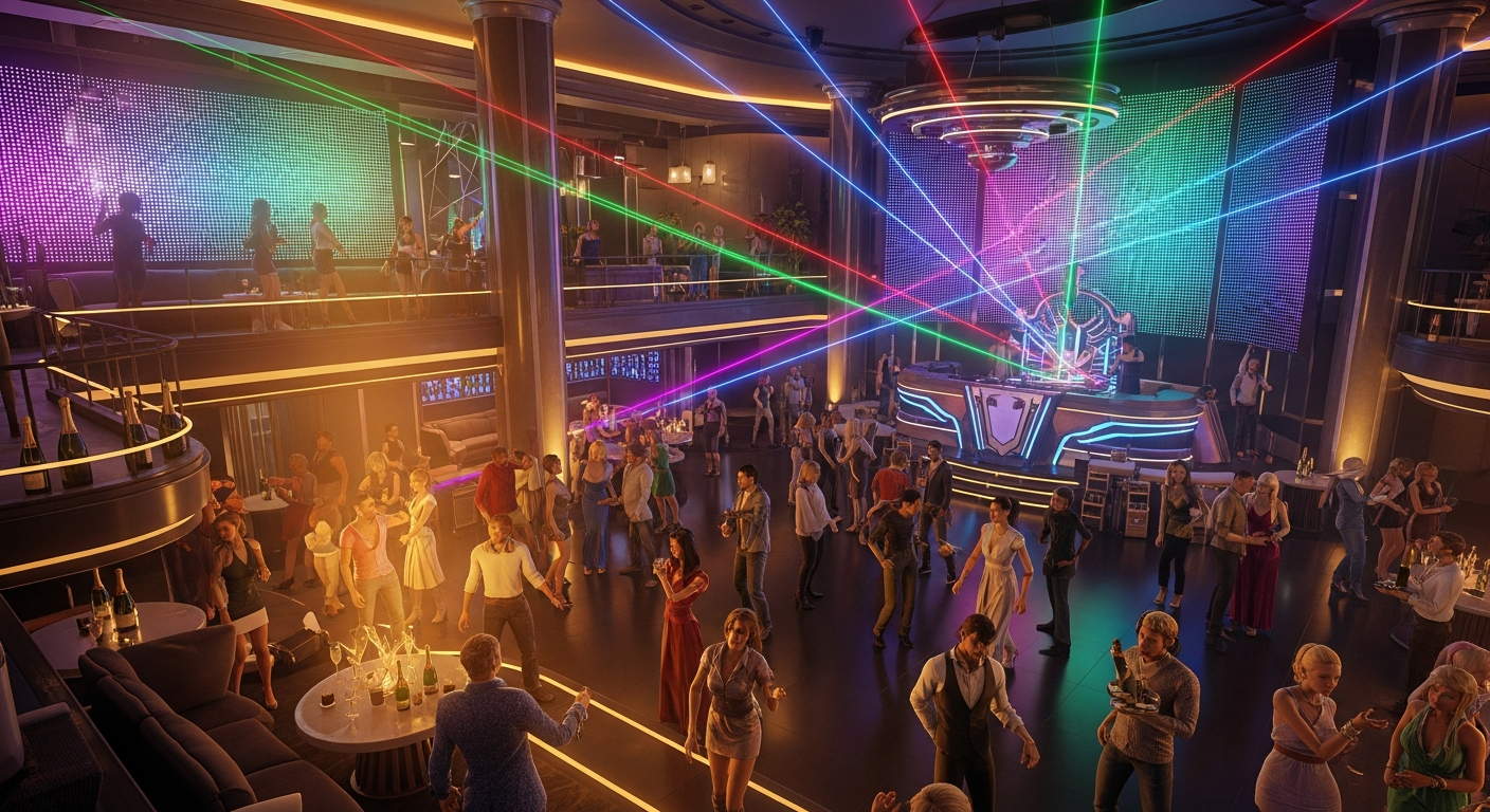 Stunning vibrant virtual nightclub packed with stylish young adults dancing, DJ booth with laser lights, colorful LED walls, warm golden ambient glow, energetic party atmosphere, beautiful 20s-30s people having amazing time, champagne bottles, VIP lounge area, premium 3D graphics, excitement and fun - Alife Virtual World