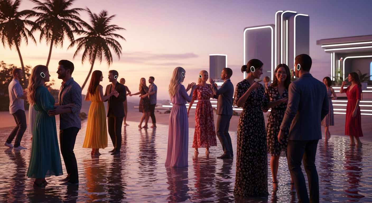 Vibrant scene of young adults friends having party together in beautiful virtual world, dancing, chatting, laughing, social activities, colorful celebration, warm lighting, people using voice chat headsets, gaming together, multiplayer fun, beach party atmosphere, 20s-30s stylish people enjoying real-time social interaction - Alife Virtual World