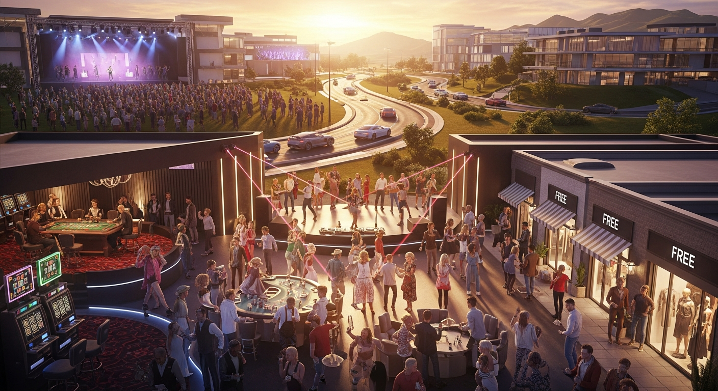 Stunning persistent virtual world with thousands of connected venues, live DJ performance at massive nightclub, people winning games at casino, shopping at boutique stores, racing cars on scenic roads, live singer concert at amphitheater, friends exploring vast continuous landscape, warm vibrant lighting, 20s-30s adults socializing and having fun, everything stays persistent - Alife Virtual World