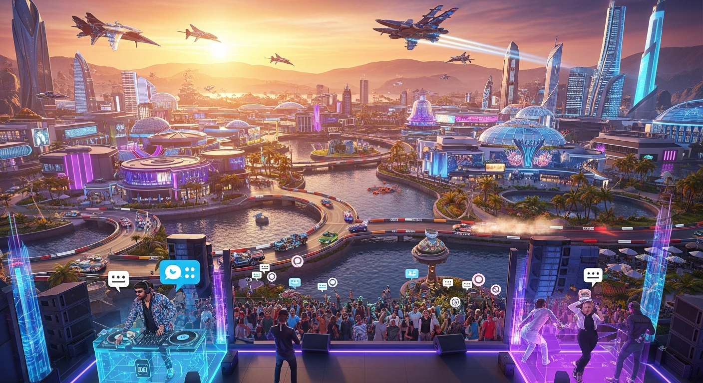 Massive persistent virtual festival with thousands of venues connected, live DJ on stage, singer performing, friends chatting via voice and text bubbles, players racing cars and motorcycles nearby, others flying futuristic planes overhead, neon clubs, casinos, and shops across continuous landscape, 20s-30s adults celebrating under warm sunset - Alife Virtual World
