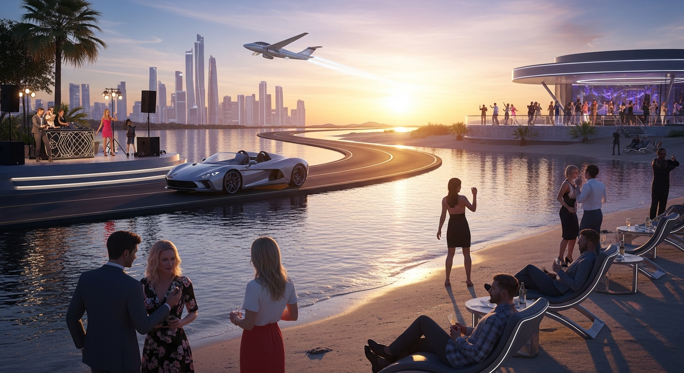 Young adults having fun in vibrant virtual world on regular computer, no VR headset needed, exploring vast colorful landscape with beaches and cities, driving cars and motorcycles, flying planes, attending outdoor concert with live DJ, dancing at nightclub, warm sunset lighting, easy accessible for everyone, 20s-30s people enjoying persistent world - Alife Virtual World